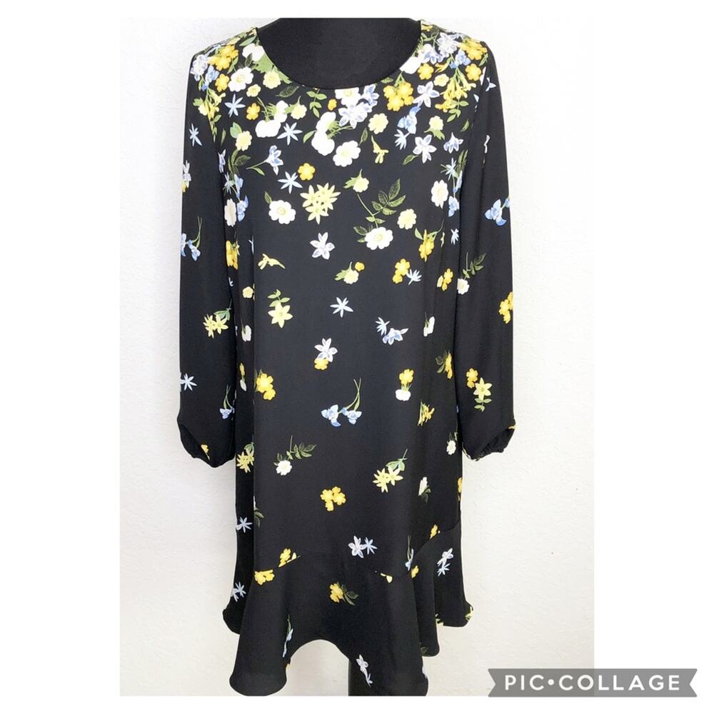 Ann Taylor Factory black yellow white floral long sleeve dress size Medium